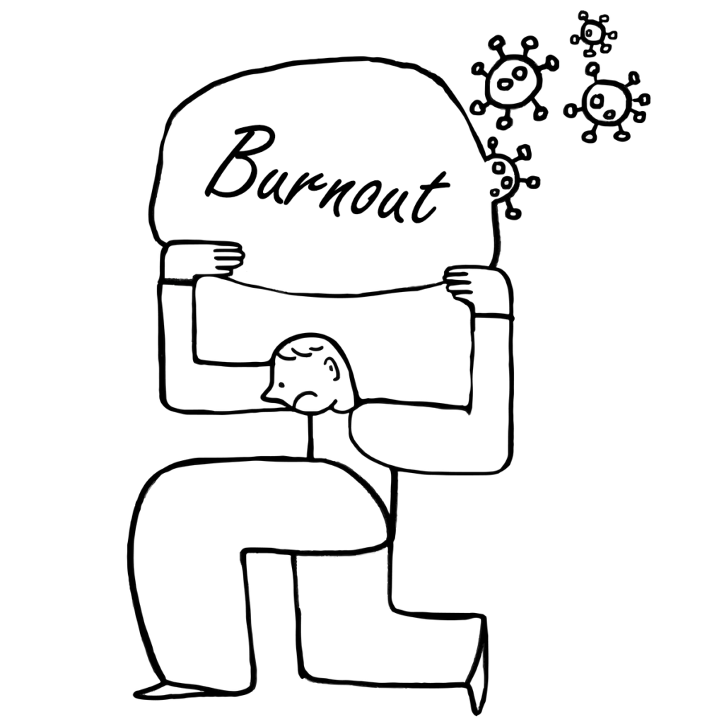 Un personnage illustré tien une énorme sphère sur laquelle est écrite burnout pendant que des bactéries continues à venir se joindre au poid de l'amoncellement.