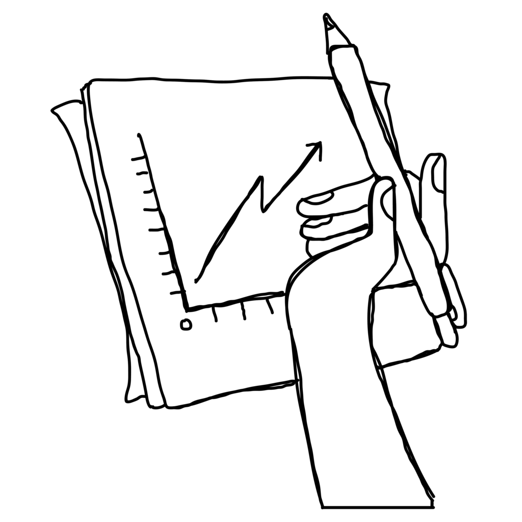 Illustration d'une main tenant un crayon devant des feuilles qui montrent une charte graphique pour mieux visualiser ses objectifs d'entreprise.